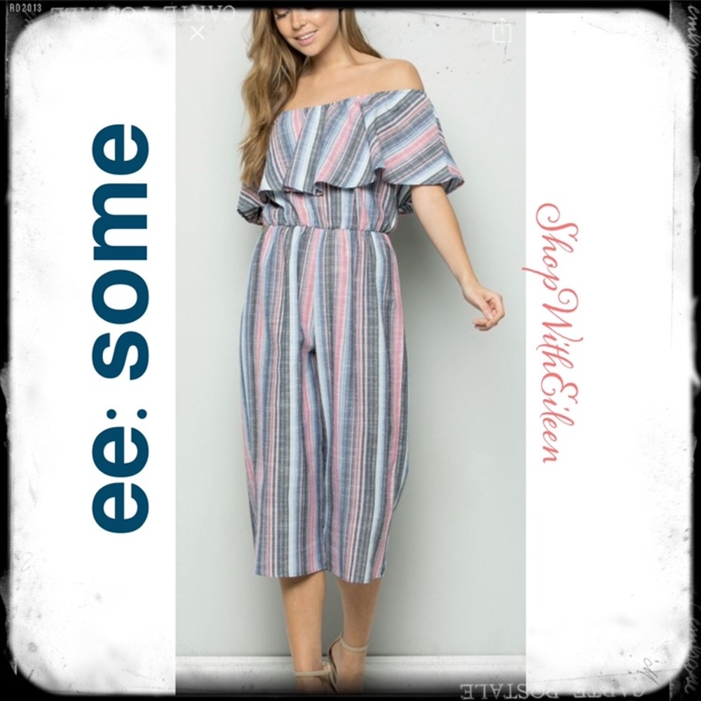 Pink Blue Charcoal Stripe Off Shoulder Capri Wide Leg Jumpsuit Jumper Romper